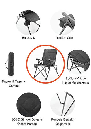 3 Kademe Yatabilen Sırtlı, Katlanabilir, Sünger Takviyeli 150 kg Kapasiteli Lüks Kamp Sandalyesi