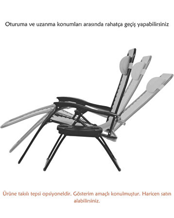 Gri Yatabilen, Ayarlanabilir Pozisyonlu, Katlanabilir Zero Gravity Şezlong, Kamp Sandalyesi, Düz Desen