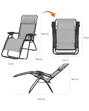 Gri Yatabilen, Ayarlanabilir Pozisyonlu, Katlanabilir Zero Gravity Şezlong, Kamp Sandalyesi, Düz Desen