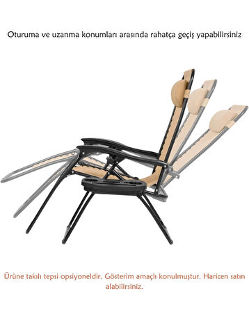 Bej Yatabilen, Ayarlanabilir Pozisyonlu, Katlanabilir Zero Gravity Şezlong, Kamp Sandalyesi, Düz Desen