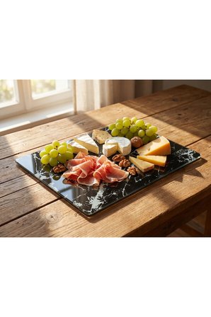 2’li Alman Schott 25*35 cm Temperli Cam Kesme Tahtası Ve Sunum Panosu, Siyah Mermer Desenli, Isıya Dayanıklı, Kırılmaz, Boyası Atmaz