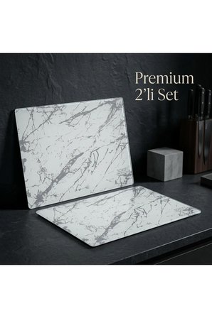 2’li Alman Schott 25*35 cm Temperli Cam Kesme Tahtası Ve Sunum Panosu, Beyaz Mermer Desenli, Isıya Dayanıklı, Kırılmaz, Boyası Atmaz