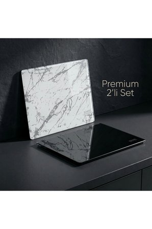 2’li Alman Schott 25*35 cm Temperli Cam Kesme Tahtası Ve Sunum Panosu, Beyaz Mermer-Şık Siyah Isıya Dayanıklı, Kırılmaz, Boyası Atmaz