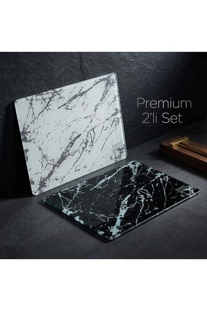 2’li Alman Schott 25*35 cm Temperli Cam Kesme Tahtası Ve Sunum Panosu, Siyah Mermer-Beyaz Mermer, Isıya Dayanıklı, Kırılmaz, Boyası Atmaz