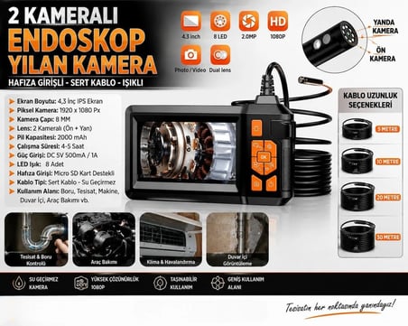 20 Metre Endoskop Ekranlı Yılan Kamera 8mm 1080p Sert Kablo