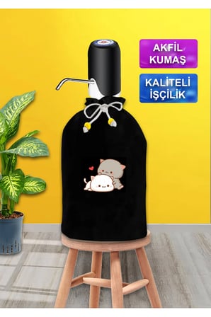 Siyah Damacana Kılıfı 2 Li Kedi Baskılı Siyah Kumaş Damacana Kılıfı
