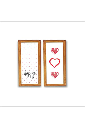 Duvar Dekoru Happy Kırmızı kalpli 2 li Çerçeve ,Ahşap Çerçeveli Tablo