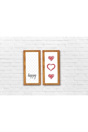 Duvar Dekoru Happy Kırmızı kalpli 2 li Çerçeve ,Ahşap Çerçeveli Tablo