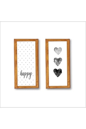 Duvar Dekoru Happy Siyah kalpli 2 li Çerçeve ,Ahşap Çerçeveli Tablo