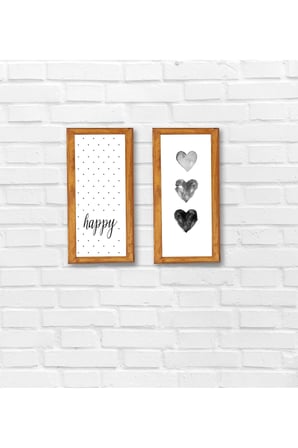 Duvar Dekoru Happy Siyah kalpli 2 li Çerçeve ,Ahşap Çerçeveli Tablo