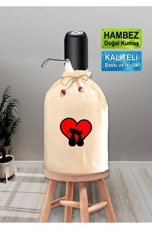 Dekoratif  Kalpli Kedi Baskılı Damacana Kılıfı Doğal Hambez Büzgü İpli Yıkanabilir Kılıf