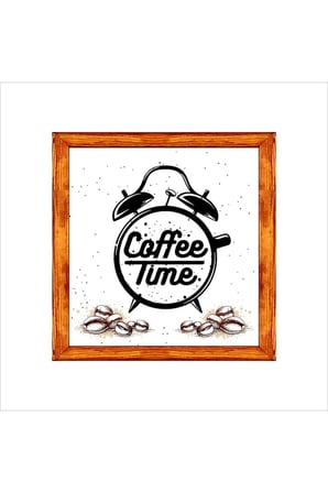 Kahve Köşesi Duvar Dekoru Coffee Time Saatli Beyaz Zeminli Ahşap Çerçeveli Tablo