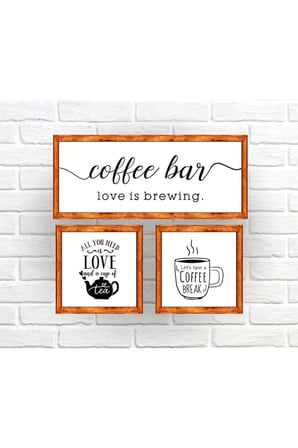 Çay Kahve Köşesi Duvar Dekoru Coffee Bar , 3 Lü Beyaz Zeminli Ahşap Çerçeveli Tablo