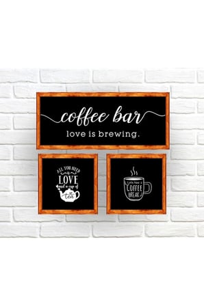 Çay Kahve Köşesi Duvar Dekoru Coffee Bar , 3 Lü Siyah Zeminli Ahşap Çerçeveli Tablo