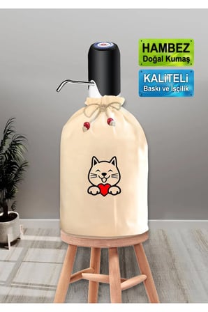 Dekoratif Kalpli Çizigisel Kedi Baskılı Damacana Kılıfı Doğal Hambez Büzgü İpli Yıkanabilir Kılıf