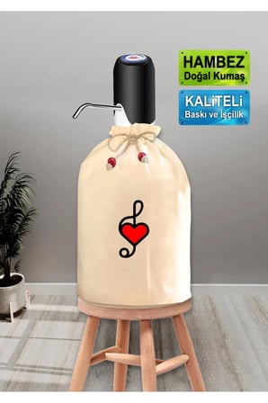 Dekoratif Kalpli Sol Anahtar Baskılı Damacana Kılıfı Doğal Hambez Büzgü İpli Yıkanabilir Kılıf