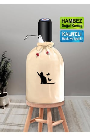 Dekoratif  Kedi ve Kelebek Baskılı Damacana Kılıfı Doğal Hambez Büzgü İpli Yıkanabilir Kılıf