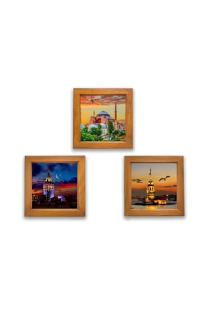 Ahşap Çerçeveli Duvar Dekoru 3'lü 21 X 21 Cm kız kulesi ,Galata kulesi , Ayasofya camii