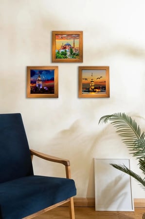 Ahşap Çerçeveli Duvar Dekoru 3'lü 21 X 21 Cm kız kulesi ,Galata kulesi , Ayasofya camii