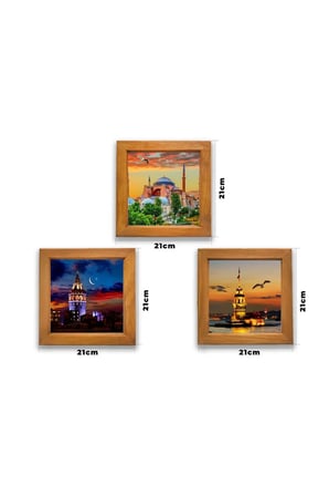 Ahşap Çerçeveli Duvar Dekoru 3'lü 21 X 21 Cm kız kulesi ,Galata kulesi , Ayasofya camii