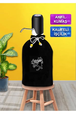 Dekoratif Siyah Damacana Kılıfı Notalı Kedi Baskılı Siyah Akfil Kumaş Damacana Kılıfı
