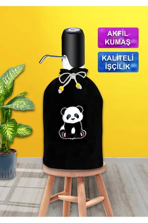 Siyah Damacana Kılıfı Panda Baskılı Siyah Kumaş Damacana Kılıfı