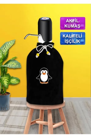 Siyah Damacana Kılıfı Penguen Baskılı Siyah Kumaş Damacana Kılıfı