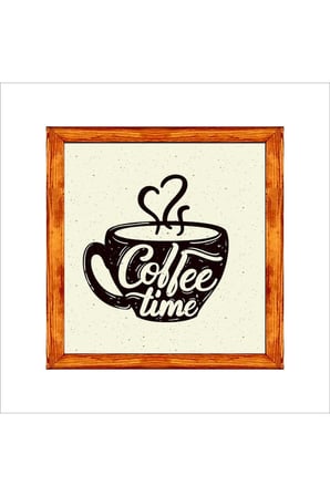 Kahve Köşesi Duvar Dekoru Coffee Time Fincanlı Kalpli Beyaz Zeminli Ahşap Çerçeveli Tablo