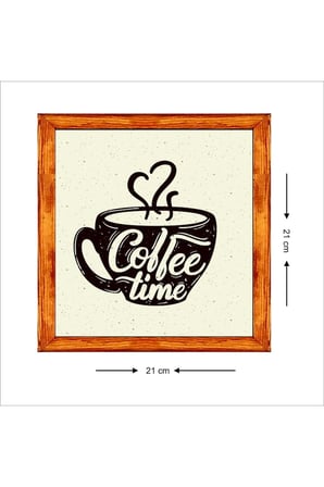 Kahve Köşesi Duvar Dekoru Coffee Time Fincanlı Kalpli Beyaz Zeminli Ahşap Çerçeveli Tablo