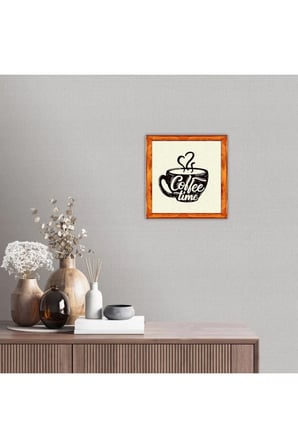 Kahve Köşesi Duvar Dekoru Coffee Time Fincanlı Kalpli Beyaz Zeminli Ahşap Çerçeveli Tablo