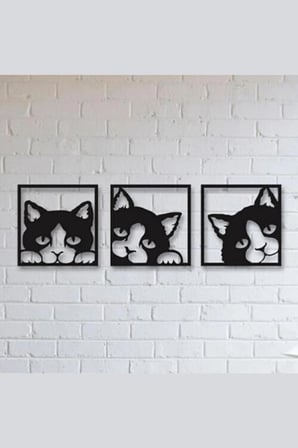 3lü Kedi Ahşap Dekoratif Duvar Tablosu 25x25cm