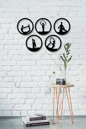 Yoga Seti Ahşap Duvar Dekoru - Yoga Figürlü Duvar Süsü - 5 parça