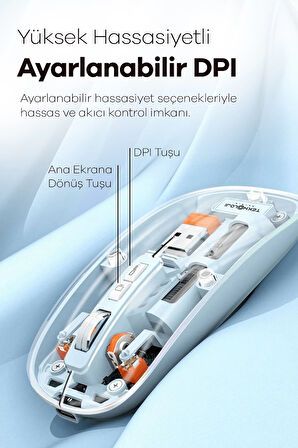 Bluetooth Usb Çift Modlu Sessiz Mouse, Şeffaf Mıknatıslı Kapaklı, Type-c Şarjlı, Dpı Ayarlı, Kablosuz 10m Çekim Mesafeli, Masaüstü Kısayol Tuşlu, Taşınabilir Şarjlı Mouse Siyah