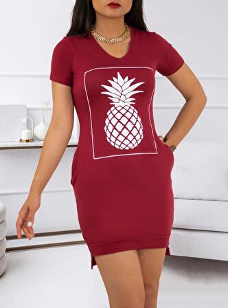 Ananas Baskılı Kısa Kol Viskon Elbise