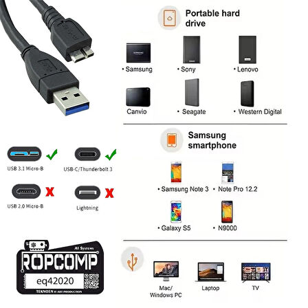 Ropcomp USB Micro-B Superspeed Data Kablosu USB 3.0 20cm