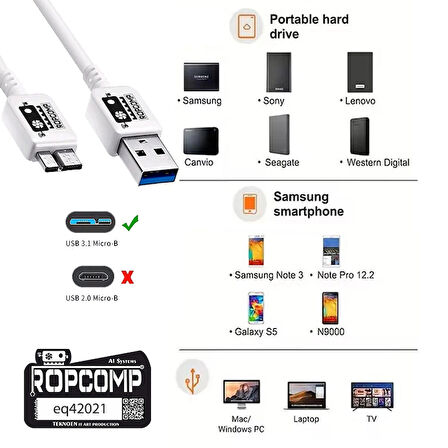 USB Micro-B Data Kablosu USB 2.0 100cm