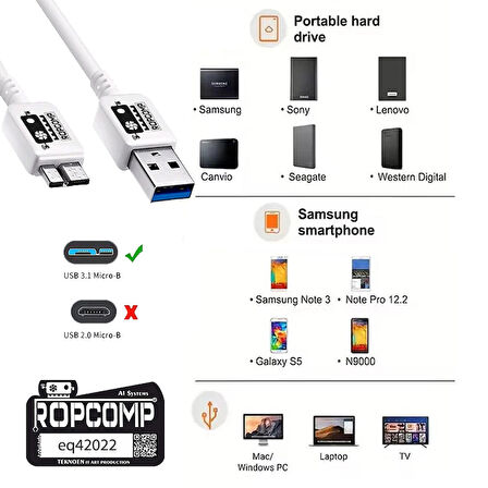 Ropcomp USB Micro-B Superspeed Data Kablosu USB 3.0 100cm