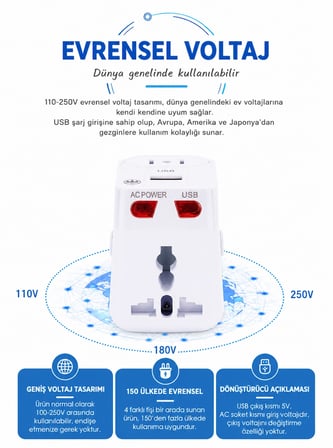  Universal Dünya Priz Dönüştürücü Seyahat Adaptörü USB Şarj Girişli 150+ Ülke Uyumlu Çok Fonksiyonlu 