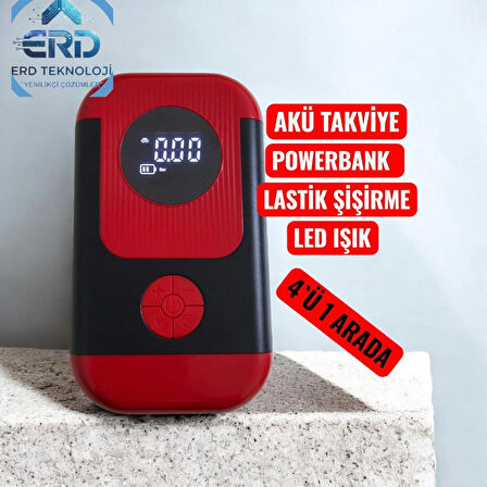 Taşınabilir Çantalı Araç Akü Şarj Takviyeli Göstergeli Işıklı Hava Kompresörü 8000Mah Powerbank