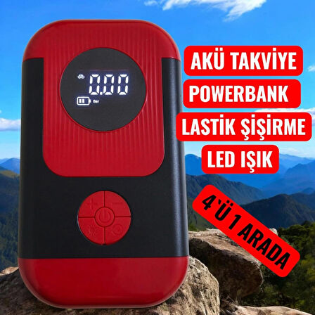Taşınabilir Çantalı Araç Akü Şarj Takviyeli Göstergeli Işıklı Hava Kompresörü 8000Mah Powerbank