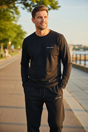 Kışlık Pamuklu Erkek Eşofman Pijama Takımı (Slim Fit - Düz Paça) Siyah