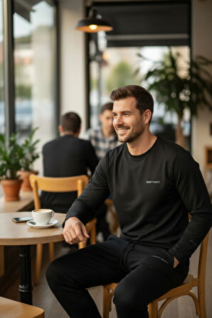 Kışlık Pamuklu Erkek Eşofman Pijama Takımı (Slim Fit - Düz Paça) Siyah