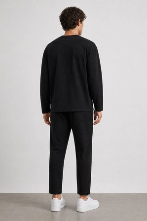 Mevsimlik Pamuklu Erkek Eşofman Pijama Takımı Slim Fit Siyah