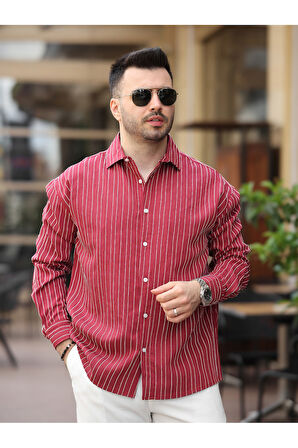 Yeni Sezon Eşref Tek Hafif Oversize Uzun Kollu Likralı Ütü İstemez Trend Çizgili Gömlek