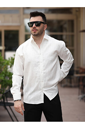 Yeni Sezon Eşref Tek Hafif Oversize Uzun Kollu Likralı Ütü İstemez Trend Çizgili Gömlek