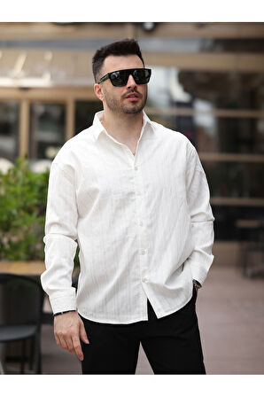 Yeni Sezon Eşref Tek Hafif Oversize Uzun Kollu Likralı Ütü İstemez Trend Çizgili Gömlek