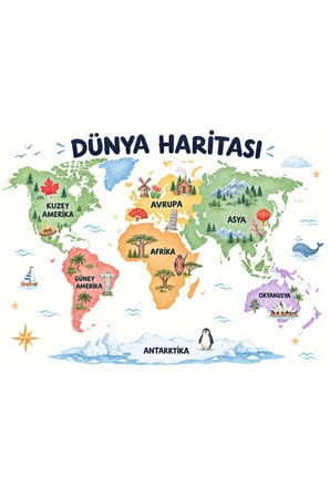 100x130 cm Dünya Haritası Eğitici Çocuk Odası ve Sınıf Duvar Posteri – Kıtalar ve Ülkeler