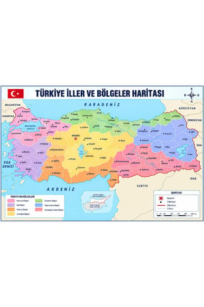 100x150 cm Türkiye İller ve Bölgeler Haritası – Eğitici Okul ve Sınıf Duvar Posteri