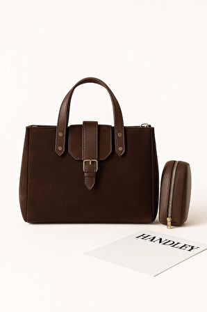 Kadın Süet Deri Detaylı El ve Omuz Çantası Seti