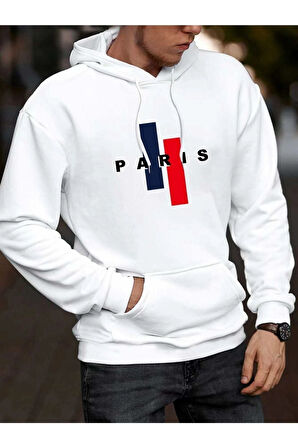 Erkek Beyaz Dik Paris Baskılı Kapüşonlu Sweatshirt